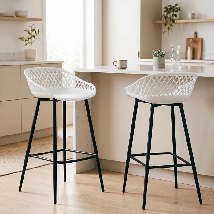 Lot de 2 tabourets de bar IREK chaise haute cuisine ou comptoir en plastique blanc et métal noir hauteur dassise 75 cm