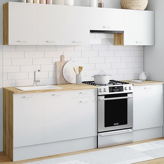 Cuisine Complète IDMarket Subtil 180cm - 5 éléments Bois/noir - Plan Travail 2,5cm - H90cm