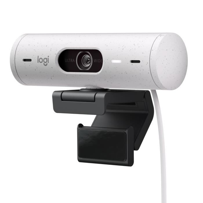 La webcam Logitech Brio 500 HD avec exposition automatique cadrage automatique mode Show deux micros à réduction de bruit clapet webcam confidentiel compatible avec Microsoft Teams Google Meet Zoom - Blanc. Résolution vidéo numérique maximale de 1920 x 1080 technologie RightSight correction automatique de la lumière mode daffichage. Dimensions 11 cm x 3.15 cm.