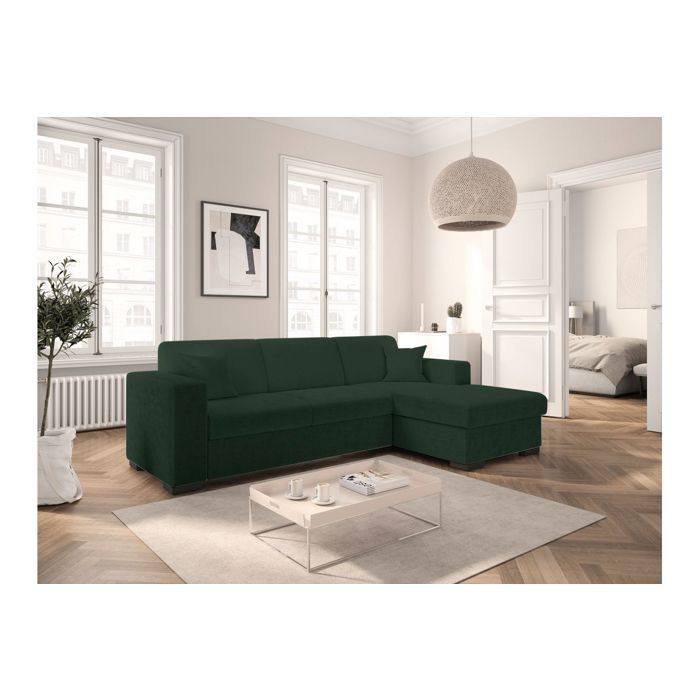 Canapé dangle droit 4 places FUJI XL convertible avec coffre en tissu bouclette - Vert - L262 x P157 x H83cm - LOUNGITUDE Canapé dangle droit 4 places FUJI XL convertible avec coffre en tissu bouclette - Vert - L262 x P157 x H83cm - LOUNGITUDE