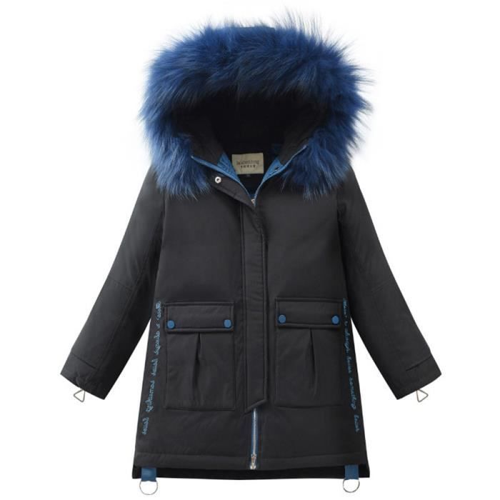 Doudoune Fille Mi-Longue Chaude Remplissage Duvet A Capuche Fausse Fourrure Imprimé Fleurs