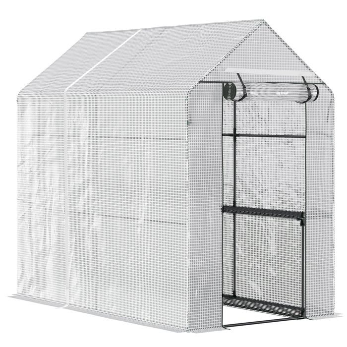 Serre de jardin - Outsunny - avec étagère 2 niveaux bâche renforcée 140 g/m² porte zippée - acier PE - 186x120x190cm - blanc