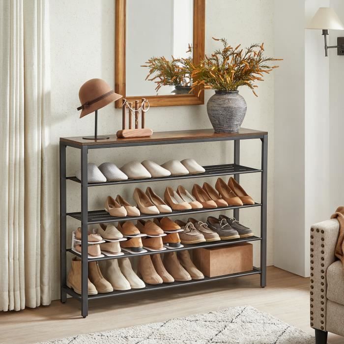 étagère à chaussures - vasagle - 4 niveaux - marron rustique et noir