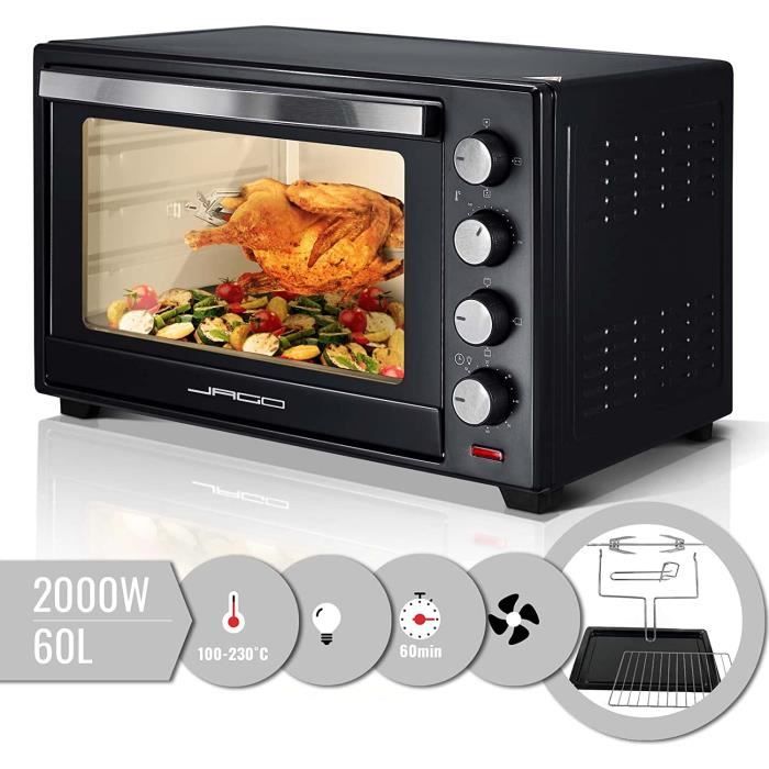 JAGO Jago® Mini Four Électrique 60L 2000W Minuteur 60 min Rôtissoire Grille Plaque 