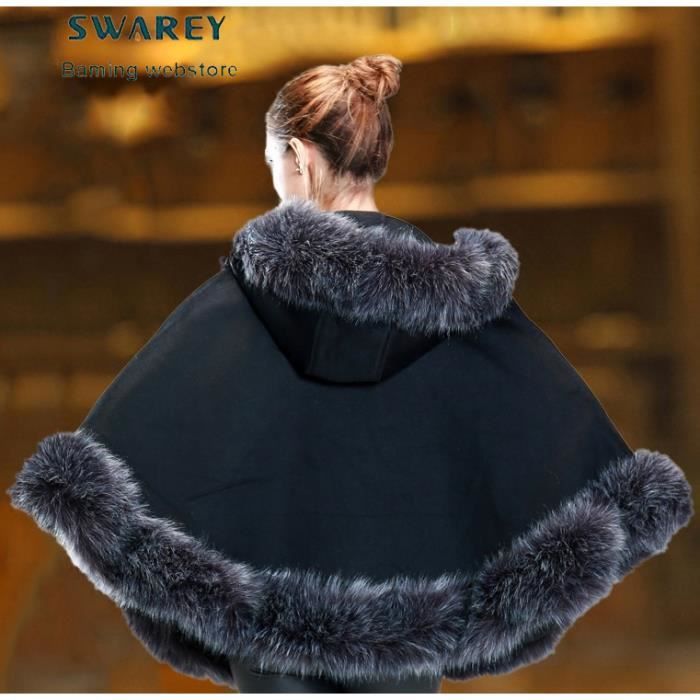 SWAREY Femmes Manteau Cape Faux Fourrure Chale Cape Capuche Manteau Poncho Cardigan Noir