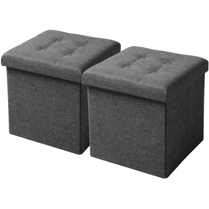 woltu 2xtabouret cube de rangement repose pieds pliant,couvercle amovible siège en lin, 37.5x37.5x38cm,gris foncé