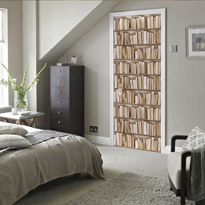 Sticker Porte Trompe-l'Œil 3D Bibliothèque - 80x200 Cm - Autocollant Vinyle Autoadhésif Pour Salon, Chambre