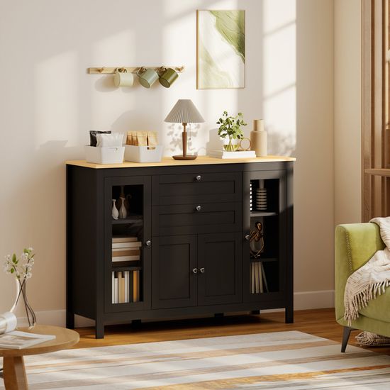 HOMCOM Meuble de Rangement Buffet Salon avec placards à Portes, 2 tiroirs et étagère réglable, Armoire de Rangement pour Salon, Cuisine, Chambre, Noir et Bois Naturel HOMCOM Meuble de Rangement Buffet Salon avec placards à Portes, 2 tiroirs et étagère réglable, Armoire de Rangement pour Salon, Cuisine, Chambre, Noir et Bois Naturel