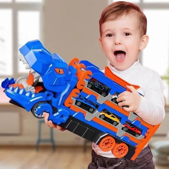 Jouet Dinosaure T-Rex Avec Camion Et 12 Voitures – Bouche Mobile – Cadeau Garçon 3-7 Ans