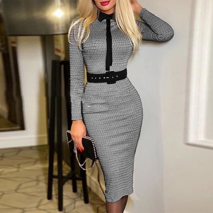 Robe moulante Sexy a manches longues pour femmes 01 Houndstooth Vetements Femme Blanc Cdiscount Pret a Porter