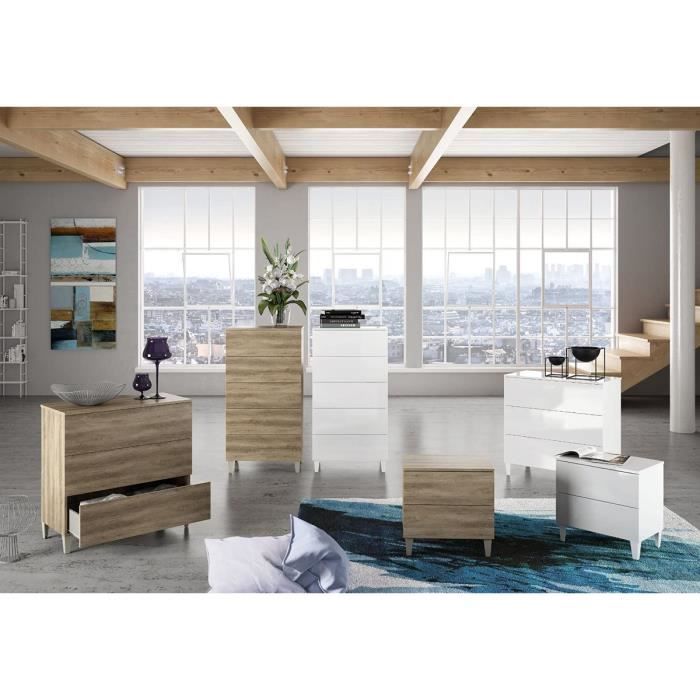 Commode Haute Bello Bianco III De BIM Furniture - Blanc Brillant - 3 Tiroirs Et 2 étagères