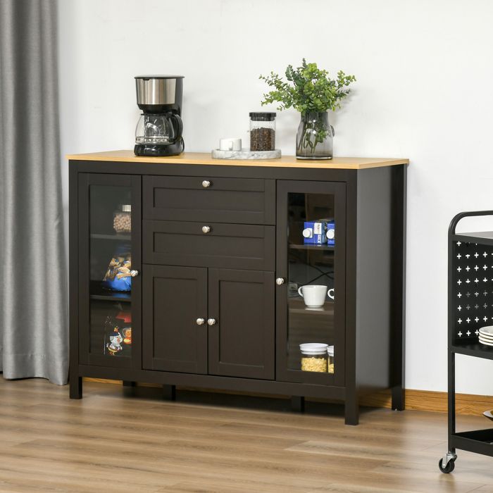 Buffet De Salon HOMCOM 120 Cm – Avec Portes Vitrées, Tiroirs Et étagères Réglables – Noir Et Bois – Meuble De Rangement Cuisine/salle à Manger - 13
