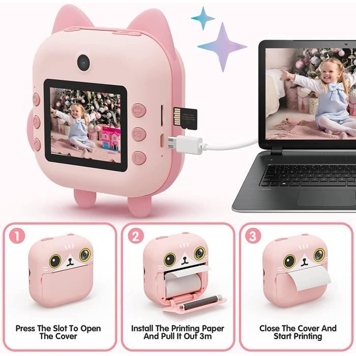 Appareil Photo Instantané Enfants P02 | 48MP 1080P WiFi, Impression Directe, Écran 2.4" IPS, 3 Rouleaux Papier Offerts - Caméra Numérique Fun Pour Enfants