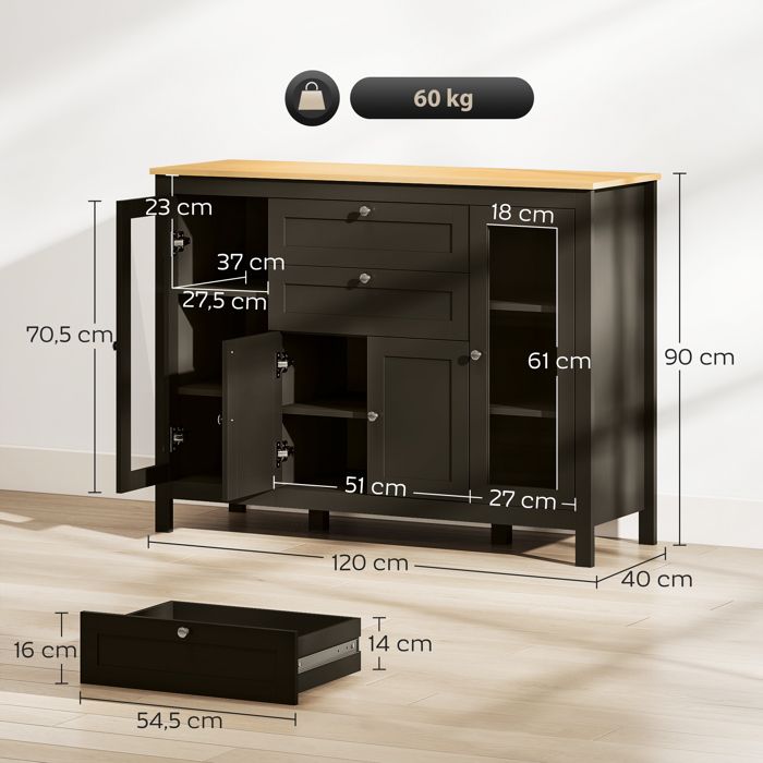 Buffet De Salon HOMCOM 120 Cm – Avec Portes Vitrées, Tiroirs Et étagères Réglables – Noir Et Bois – Meuble De Rangement Cuisine/salle à Manger - 3