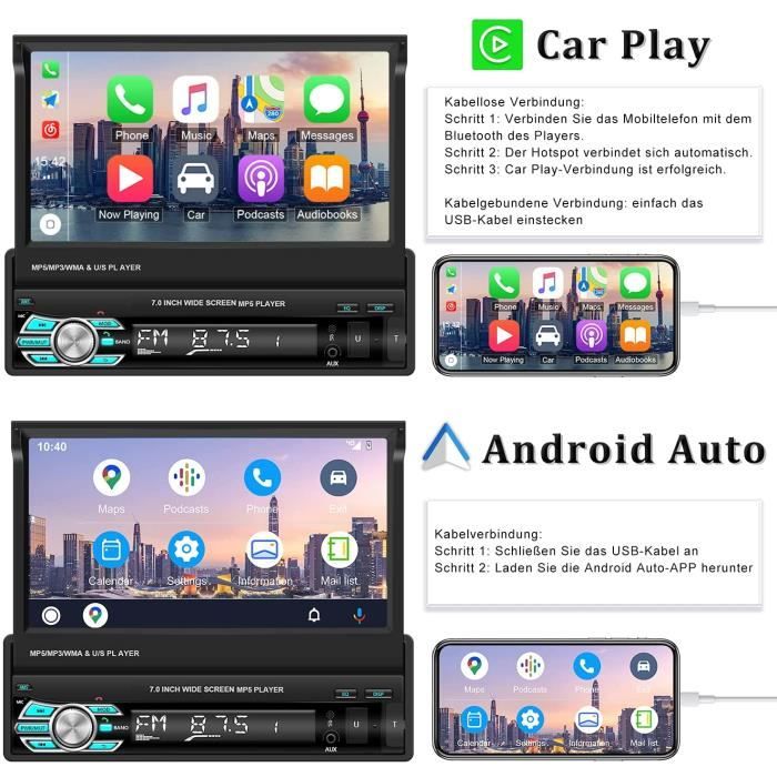 1 Din Pour Carplay Pour Android Auto Écran Tactile Rétractable Autoradio 7  HD Lecteur Multimédia MP5 De Voiture Pour Mirror Link/BT/Radio  FM/TF/fonction USB - Temu France