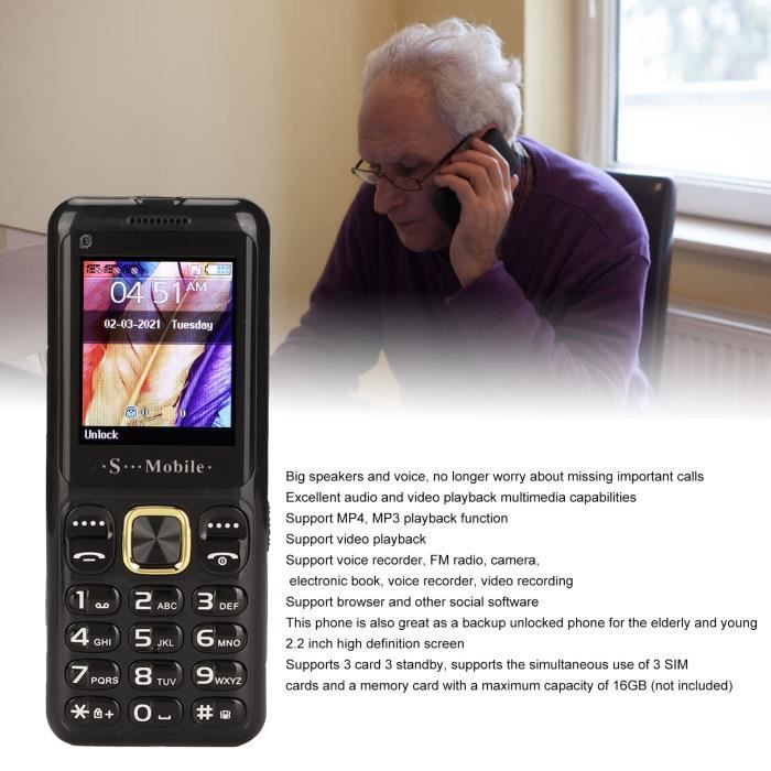 HURRISE Téléphone portable pour personnes âgées Téléphone 2G