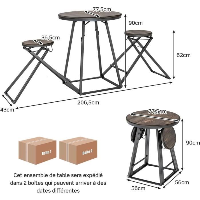 RELAX4LIFE Table Bar Avec 2 Tabourets - Mange Debout 120cm Industriel Pour Petit Espace, Noir