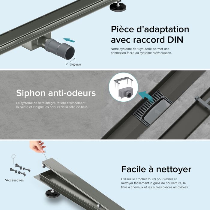 Aica Caniveau De Douche Italienne 70 Cm En Acier Inoxydable 2 En 1 À
