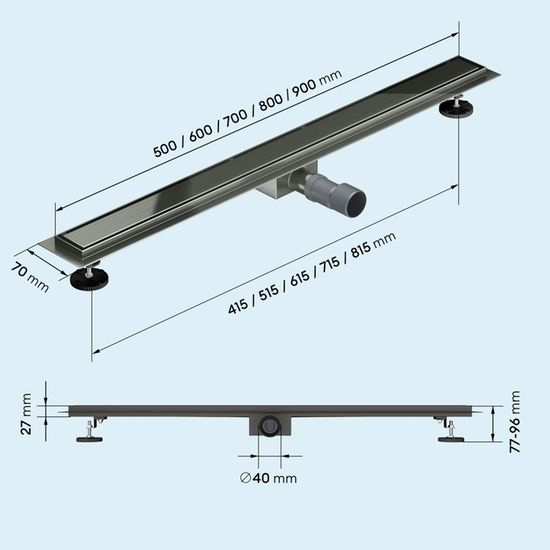 Caniveau De Douche Idralite DORIC - Inox 50 à 120 Cm - Siphon Compris