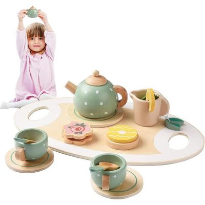 Service à Thé En Bois Montessori – 15 Pièces, Plateau, Théière, Biscuits, Cadeau Fille 3-6 Ans