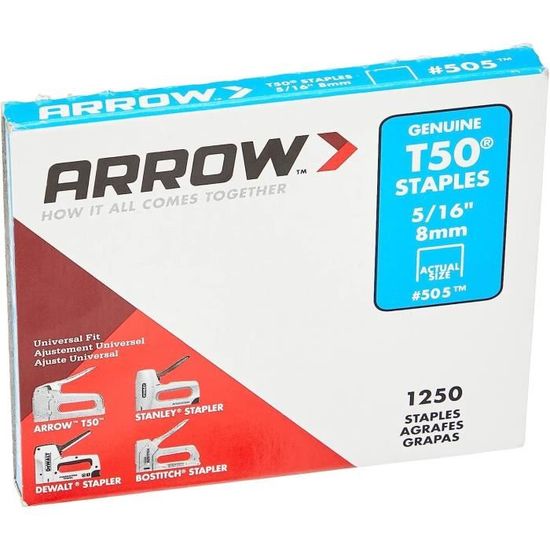Arrow Boîte 1250 Agrafes 8 Mm Type T50 - Agrafes Acier Qualité Pro Pour Agrafeuse T50