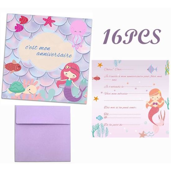 16 cartes invitation anniversaire fille en français sur le thème de la  sirene avec Enveloppe pour invités Idéal invitation de Partie