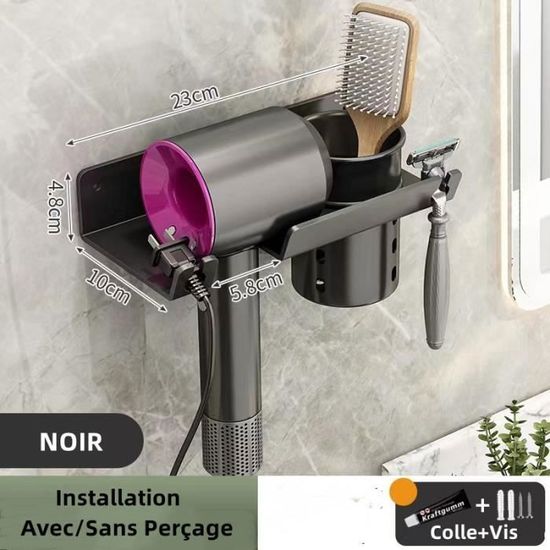 Support Mural Sèche-cheveux Sans Perçage Universel Support Sèche-Cheveux ANWANGDA - Fixation Murale Sans Percage - Universel Sèche-Cheveux Et Lisseur - Noir Support Fer A Lisser