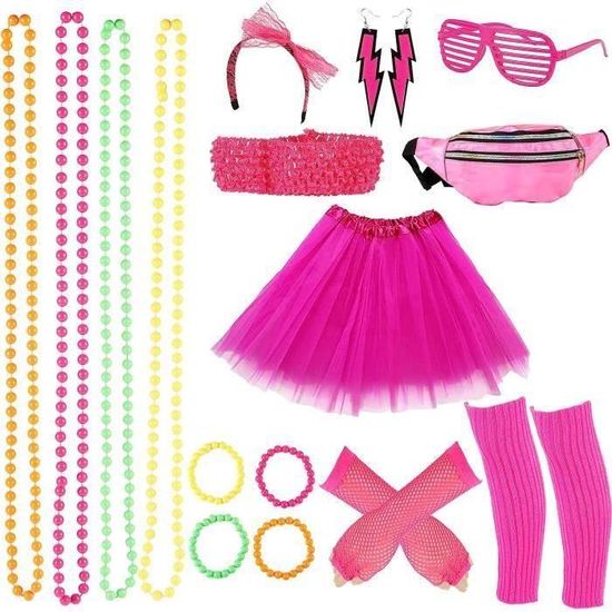 Déguisement Années 90 Femme - Accessoires Fluo Complets : Sac Ventral, Lunettes Cœur, Bijoux Luminescents Pour Soirée Rétro