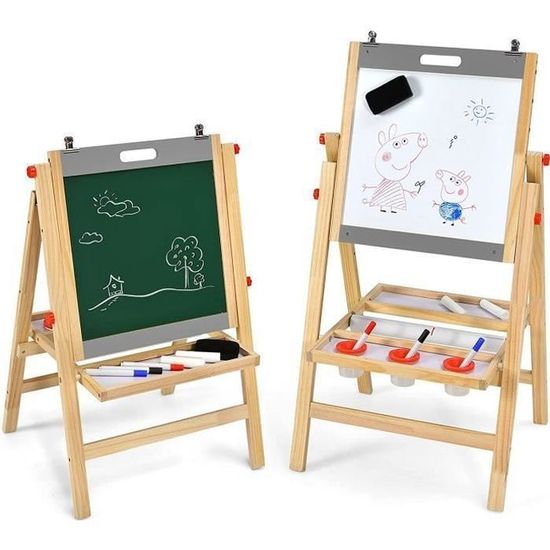 GOPLUS Chevalet Double Face Enfant – Tableau Noir/Blanc Magnétique – Rouleau Papier 5 M – Hauteur Réglable 106-126 Cm – Cadeau 3 Ans+
