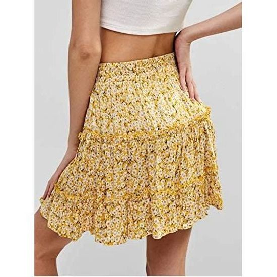 Mini Jupe Fleurie Taille Haute Femme Jupe Patineuse Plissee Boho avec des Volants Jupe Courte D ete Evasee Jupe de Plage yellow Cdiscount Pret a Porter