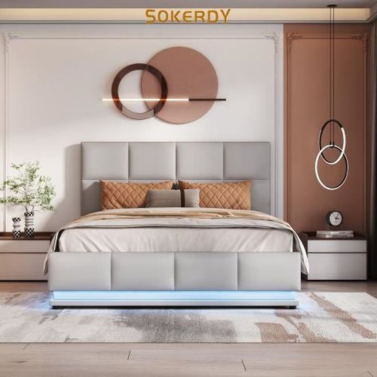 Lit Double Flottant 140x190 Cm Avec Lumières LED Et Ports USB - Velours Gris, Support 300 Kg, Réglable - Parfait Pour Adolescent Et Adulte