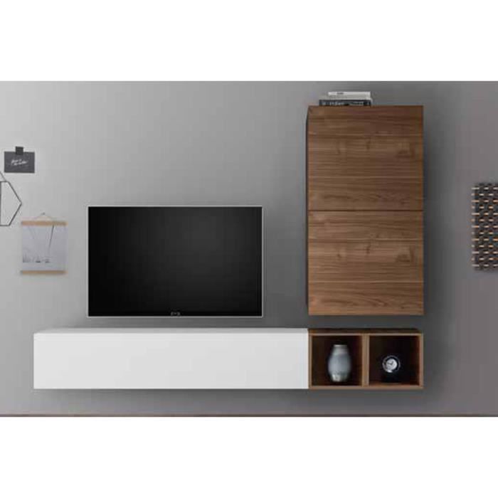 LUDOVICA 42 LAQUE BLANC ET NOYER FONCE ENSEMBLE COMPOSITION MURALE MEUBLE TV TENDANCE