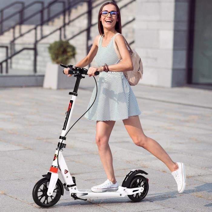 Trottinette Adulte Pliable 2 Roues Métropole en Aluminium Hauteur Réglable de 95-107 cm Noir Pas Electronique Blanc