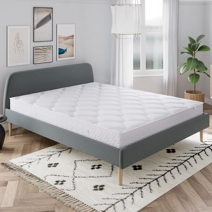 Ensemble matelas ressorts 160x200 Spring Confort + Lit gris clair + sommier à lattes - Mousse HD + Ressorts ensachés - Hbedding