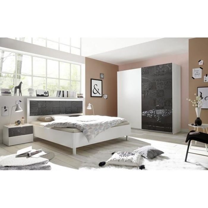 Chambre complète 160x200 Blanc/Gris Laqué - FIORI - Gris - Bois - Lit : L 183 x l 211 x H 116 cm - Amoire : L 220 x l 64 x H 210 cm