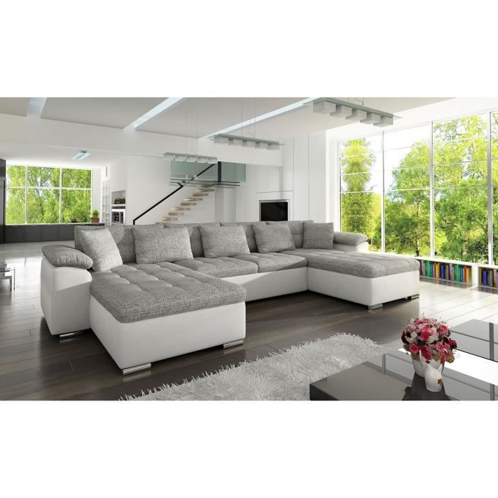 Canapé d'angle panoramique convertible en tissu et PU gris blanc