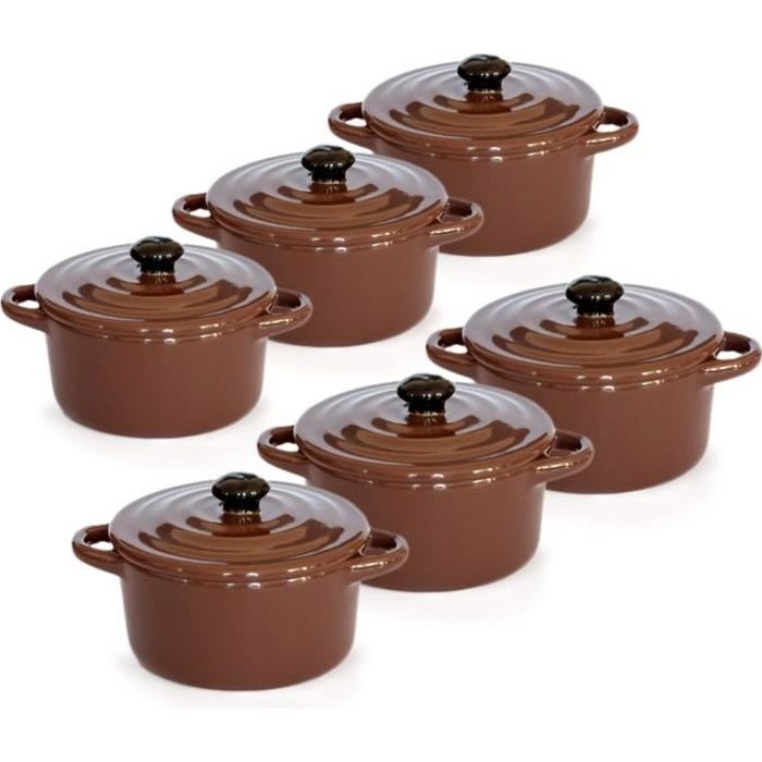 Lot de 6 Minis cocottes double poignées avec couvercle - Marron