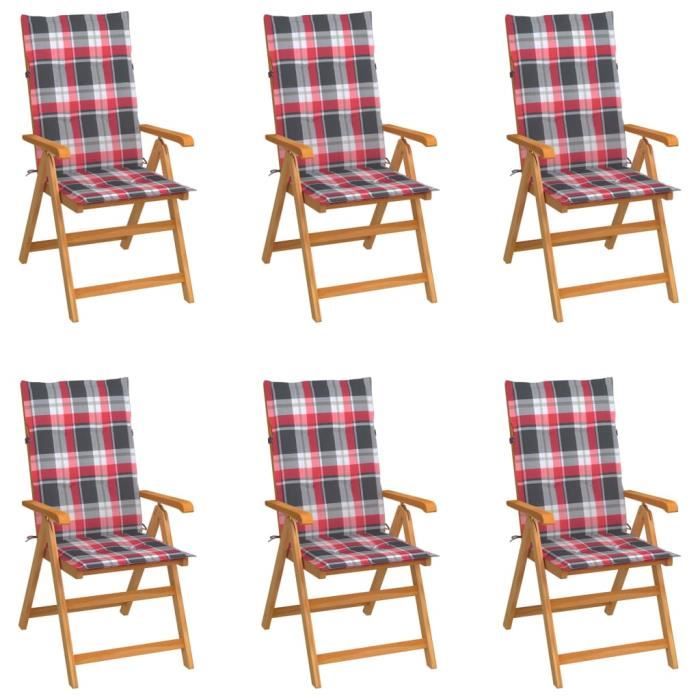 &5583PRIME Pack de 6 Chaises de jardin Fauteuil de jardin de Haute qualité - Chaises d'extérieur avec coussins à carreaux rouge Teck