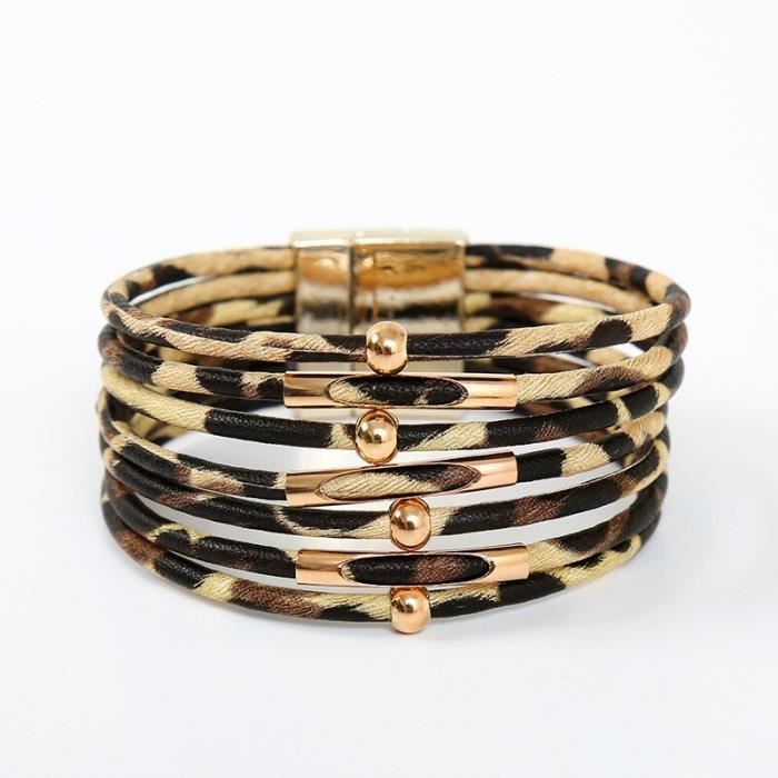 E389 Dames aimant fermoir léopard imprimé Bracelet Bracelet en cuir véritable multicouche Bracelet or cuivre accessoire bijoux cad