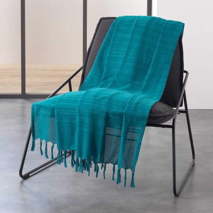 Jete de canape a franges 220 x 240 cm coton tisse lilia Bleu