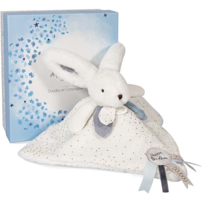 Doudou et Compagnie - Doudou Lapin - 25 cm - Blanc/Bleu - Lapin Pompon Blanc - Idée Cadeau - Happy Glossy - Happy Doudou To You