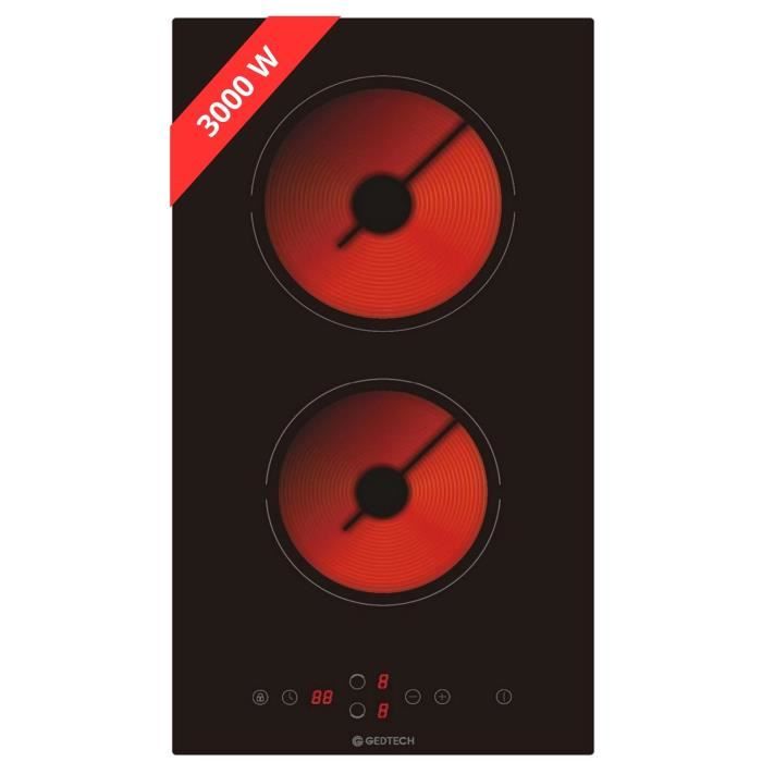 GEDTECH Plaque Vitrocéramique 2 Foyers GTV2Z3000B - 3000W - Touche Sensitive - 9 Niveaux de puissance - Minuteur - Verre Noir