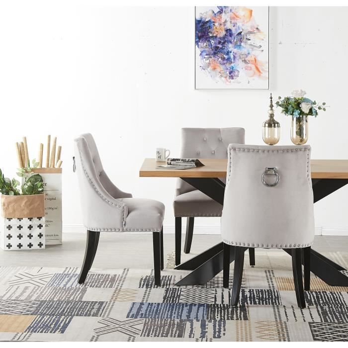 Ensemble Table à Manger 4 à 6 Personnes + 4 Chaises Design en Velours Cloutées - Coloris Chêne & Gris
