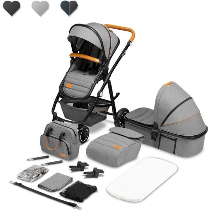 LIONELO Pack duo Poussette 2en1 bébé Amber avec nacelle sac et accessoires - Gris