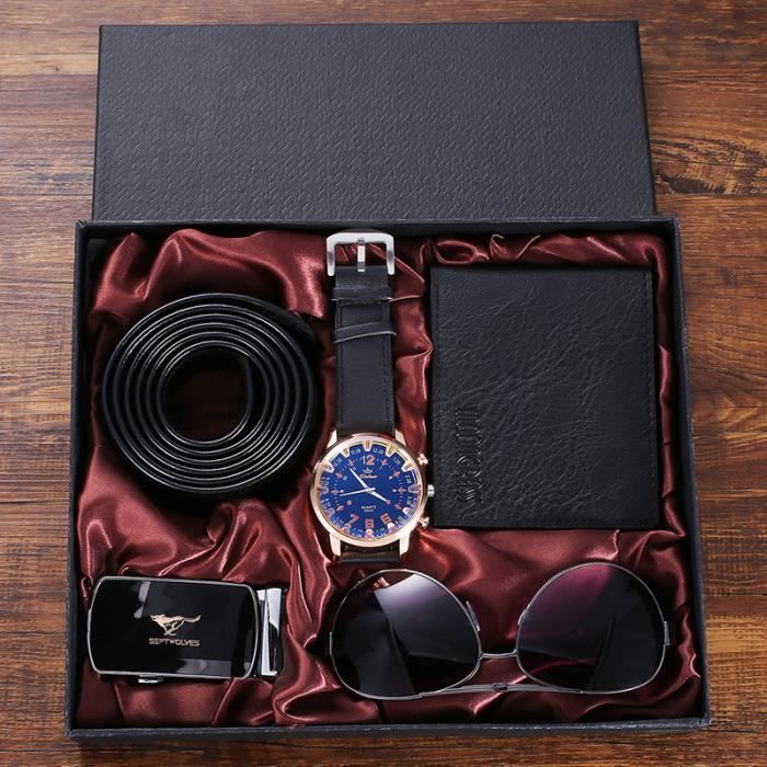 SHARPHY Coffret cadeau montre homme + lunettes de soleil hommes + briquet + portefeuille + ceinture - amende atmosphère noir