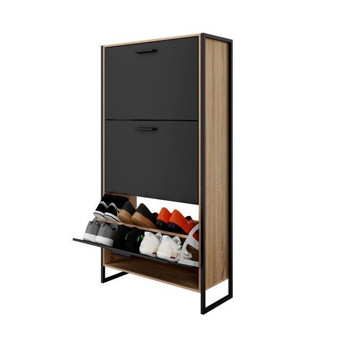 CASABEL Meuble A Chaussure Industriel 18 Paires - Armoire À Chaussures - Entrée Couloir – Portes Noires et Cadre Bois Clair
