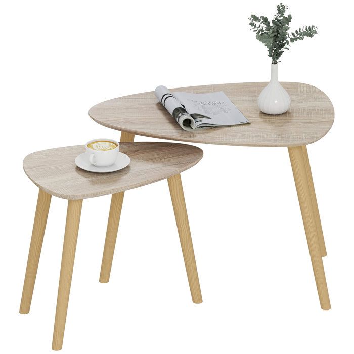 HOMCOM - 2 Tables Basses Gigognes Rondes Et Triangulaires - Style Moderne, MDF Et Métal - Noyer/Noir - Pour Salon Et Chambre