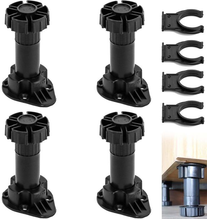 Lot de 4 Pied de Meuble Noires 100-120mm Pieds Meuble Cuisine Réglables en Plastique Pied de Meuble Reglable pour Table Lit