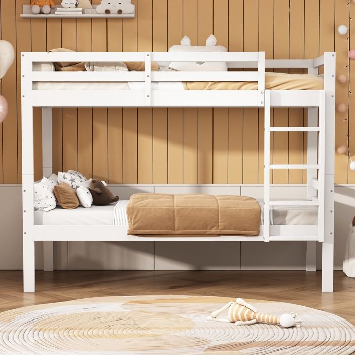 Lit enfant lit superposé 90x200 cm avec 3 marches et barrières de sécurité lit divisible en 2 lits simples - Blanc