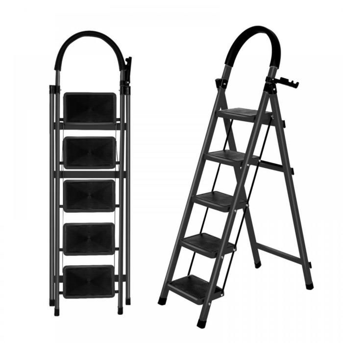 B.LIVEM Echelle à 5 Marches - Escabeau Pliable avec Main Courante - Antidérapant - Pour Cuisine Maison et Maison - Charge 150 kg